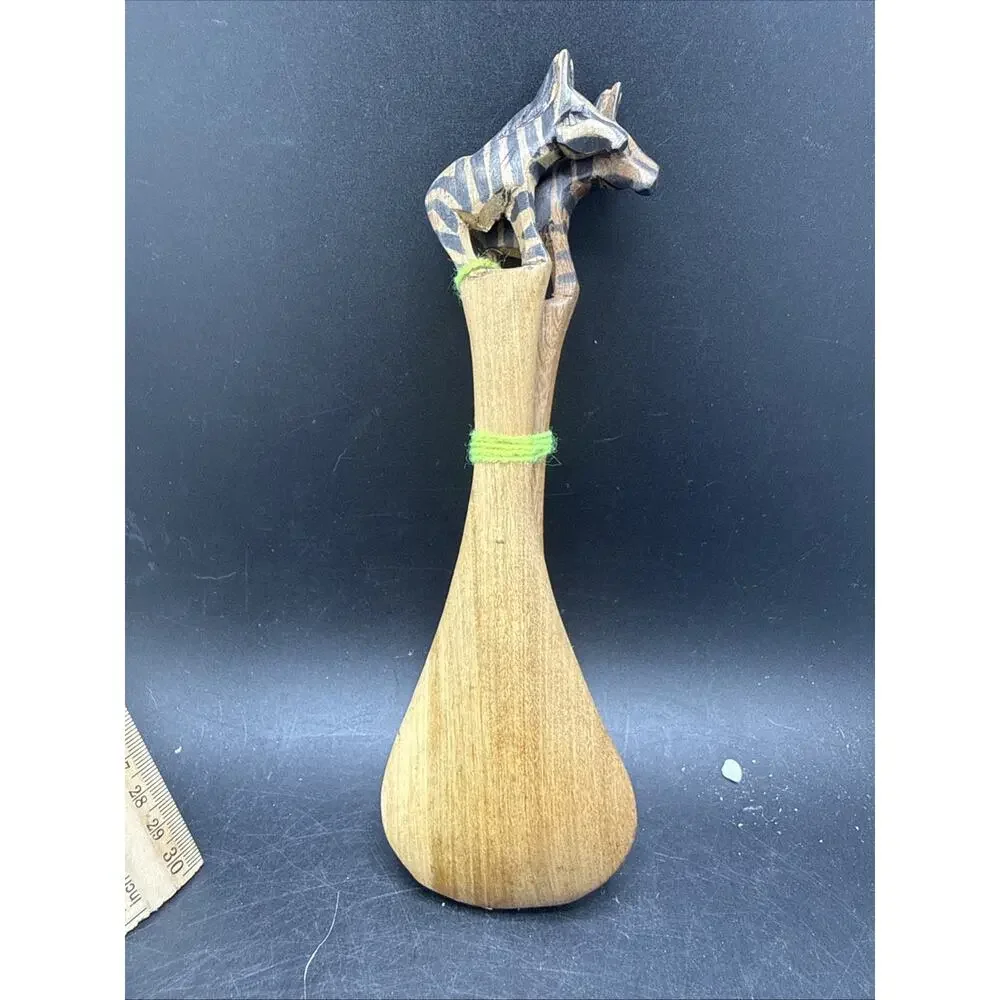 Vintage Hand Carved Zebra Wood Salad Serving Spoon Fork Set Safari Teak Decor